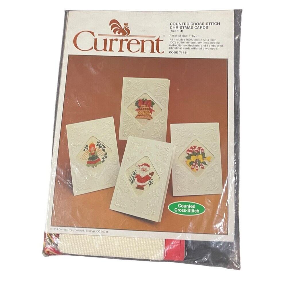 Vtg Current Counted CrossStitch Christmas 4 Cards 1983 Kit NEW 7145-1 5x7 Granny